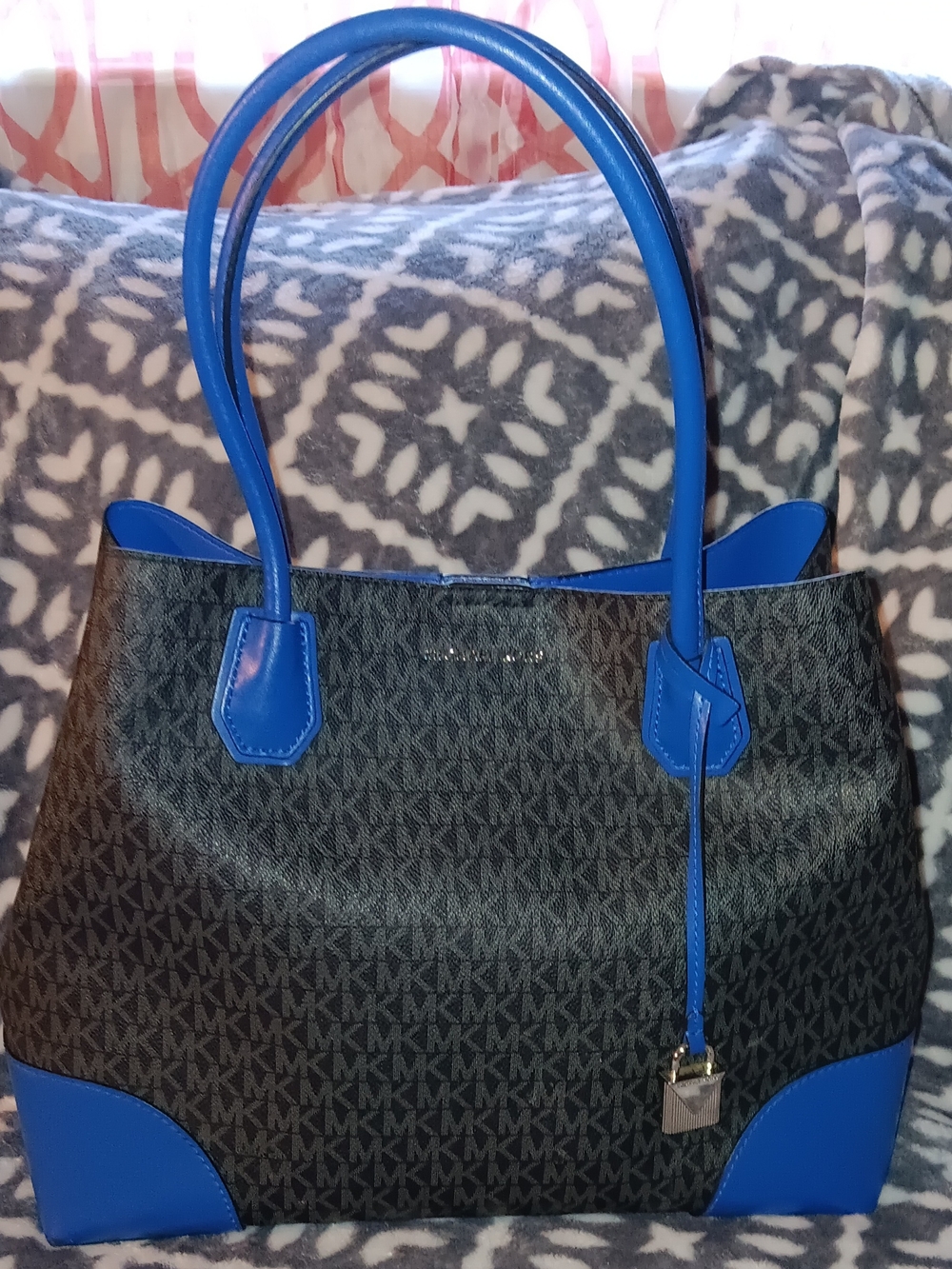 Michael Kors Black MK Signature Tote with Bright Blue Trim